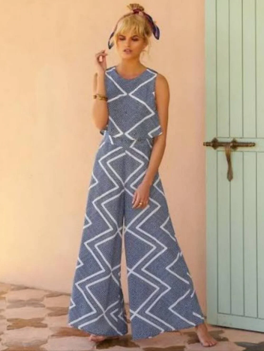 Mister Zimi blue and white geometric pattern pop-over wide-leg jumpsuit